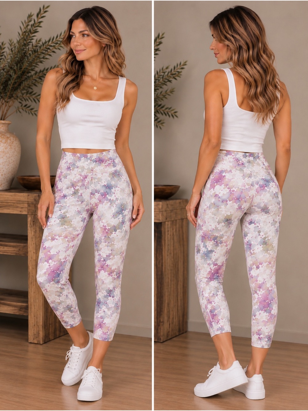 RBX Lavender & Gray Floral High-Waist Capri Leggings